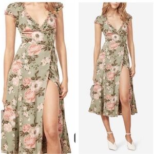 Reformation Green Wrap Midi Dress with Flutter Sleeves